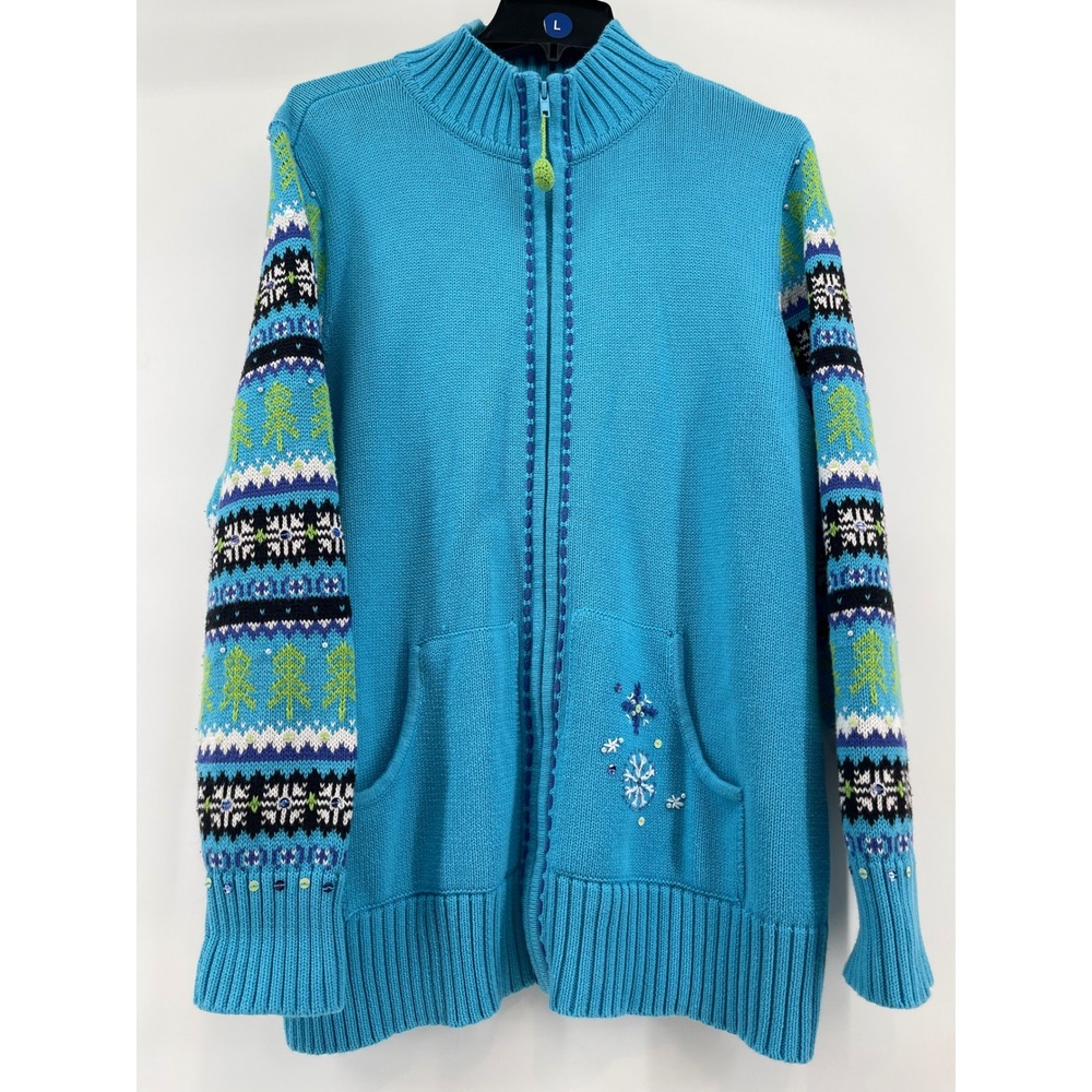 Quacker Factory Women 1X Blue Fair Isle Winter Zip Cardigan Sweater Snowflake